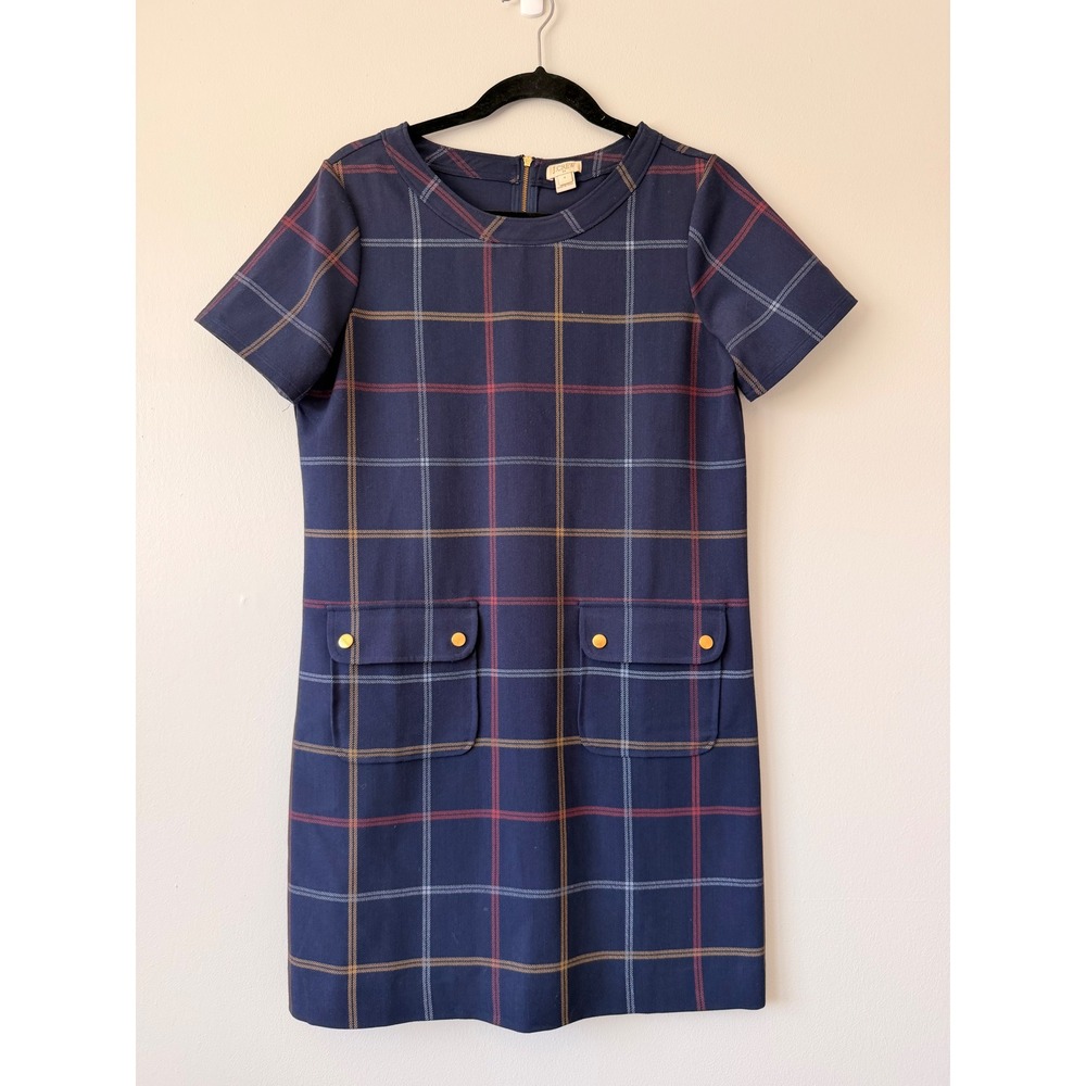 J.Crew Navy Blue Plaid Shift Dress Short Sleeve Gold Zip Pockets G9699‎ Size 4